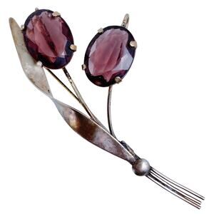 VTG 20s-30s Sterling Silver Floral Brooch Purple Glass Stones Nouveau Influence